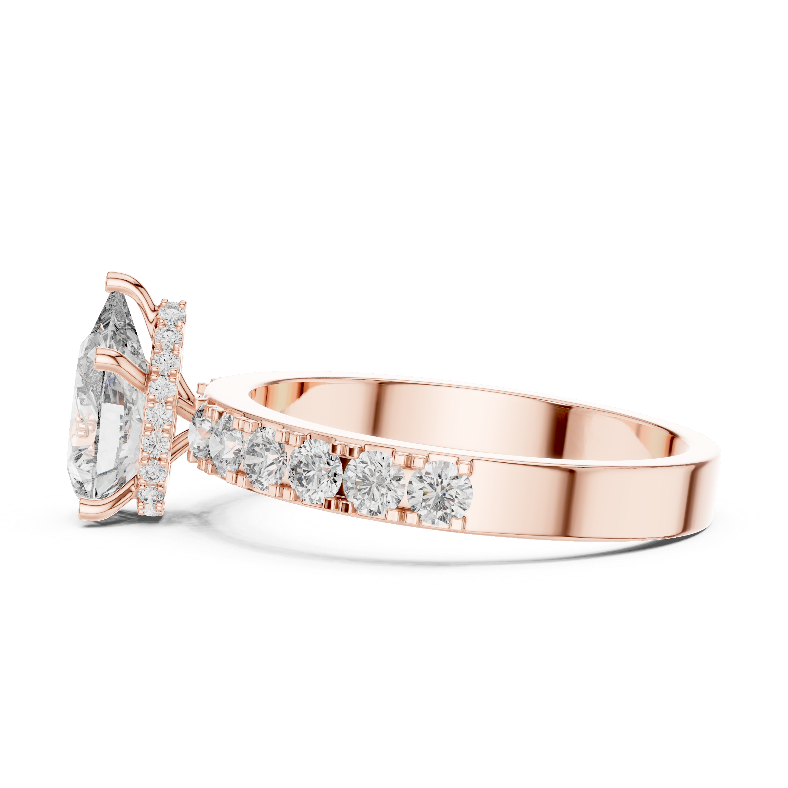 Rose gold ring with diamond accents on a white background